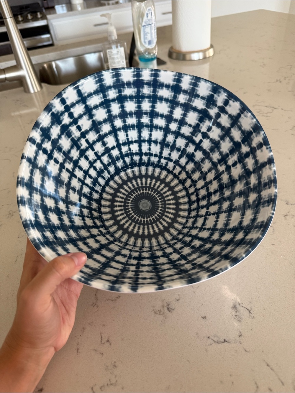 Crate and Barrel Marin Melamine Serving Bowl Blue and White shibori plaid